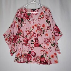 Ellos Floral Top Womens 20 Pink Red Peplum Short‎ Kimono Sleeve Elastic Waist